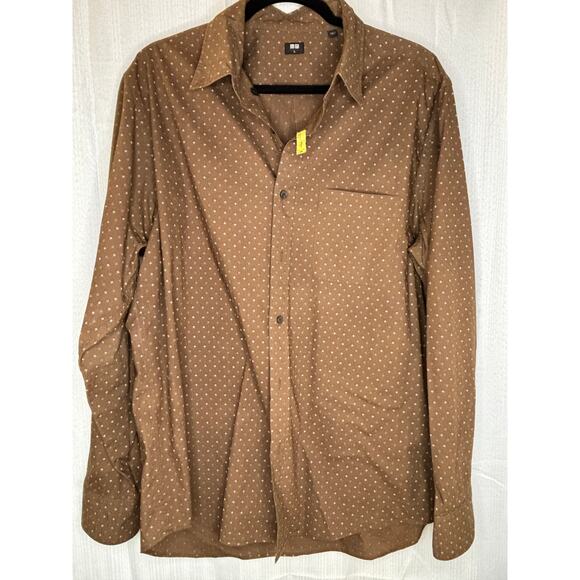 UNIQLO Dark Brown Button Down Shirt Mens L with White Pattern - Picture 1 of 5